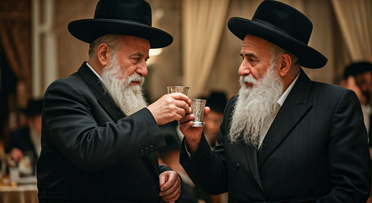 Hasidic Rebbes Share Purim L'chaim Toast in Traditional Atti...