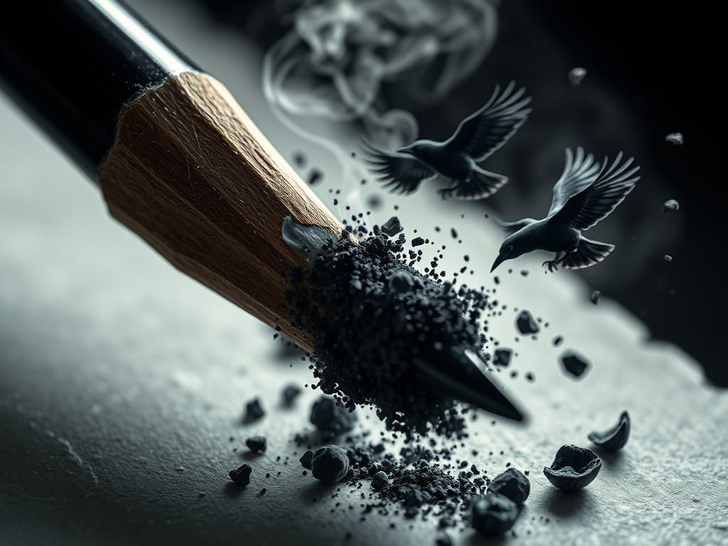 An ultra-macro view of a charcoal pencil being sharpened with a silver pencil-sharpener. The shavings float to land in a pile on the paper s...