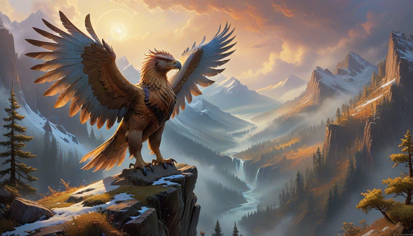 A majestic griffin perched atop a snow-capped mountain peak, gazing out over a vast, mist-filled valley. The griffin's feathers shimmer with...