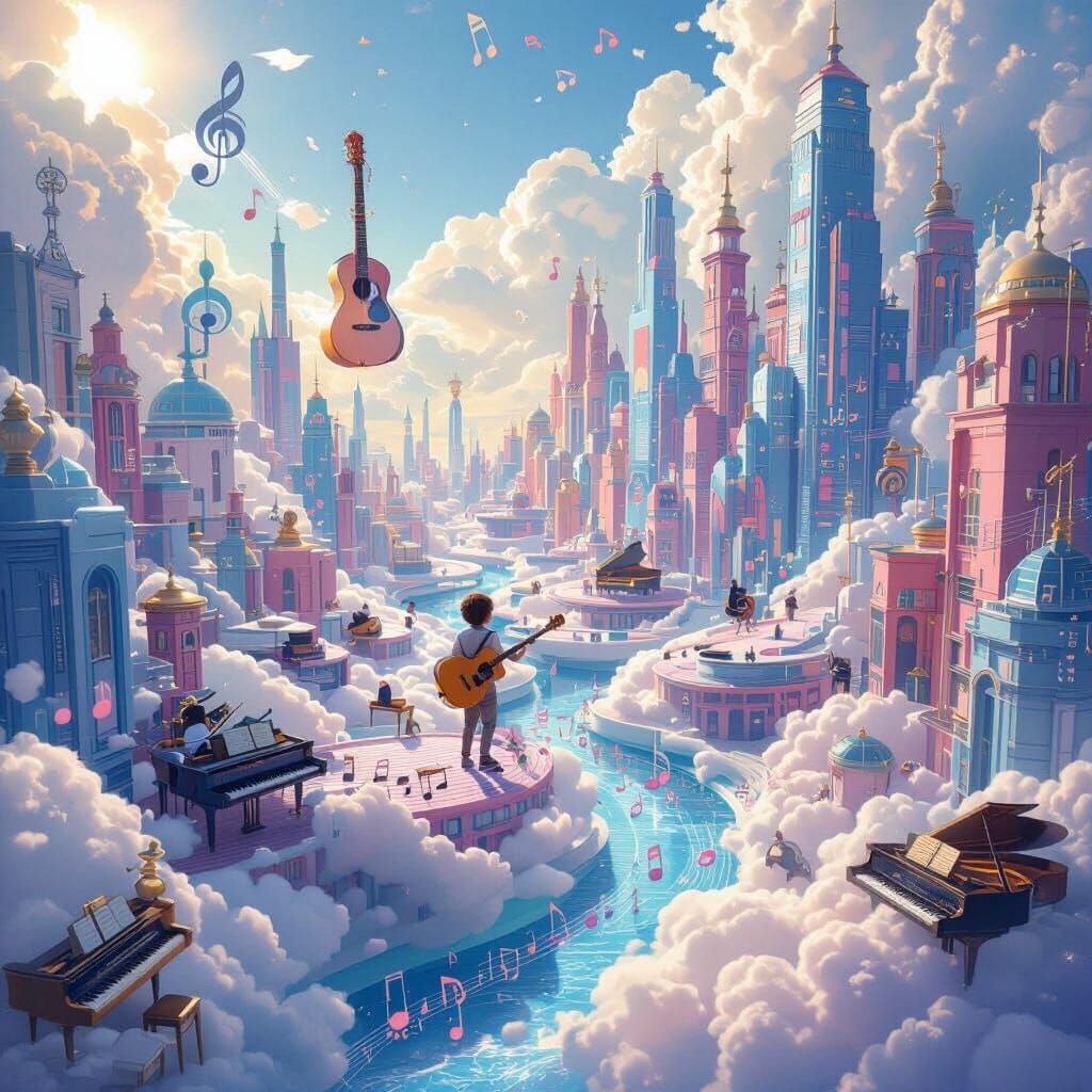 Futuristic Music City with Flying Guitarist