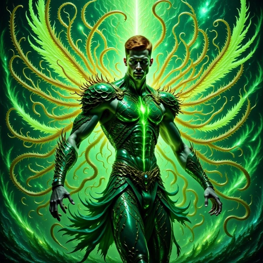 High Octane photograph of exploding green energy: Hyperdetailed Sharply detailed Very handsome young looking male vampire with piercing glow...