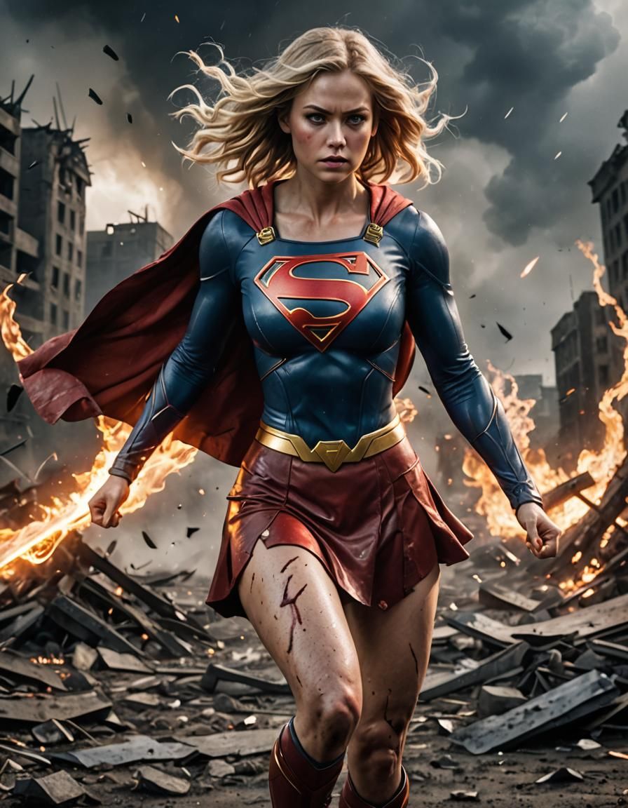 High resolution ultra-realistic Beautiful Supergirl fighting against ...