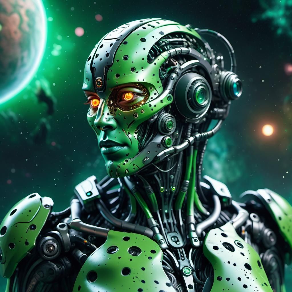 Green cyborg in outer space surrounded by ink spots detailed matte painting, deep color, fantastical, ...  by @Jturn