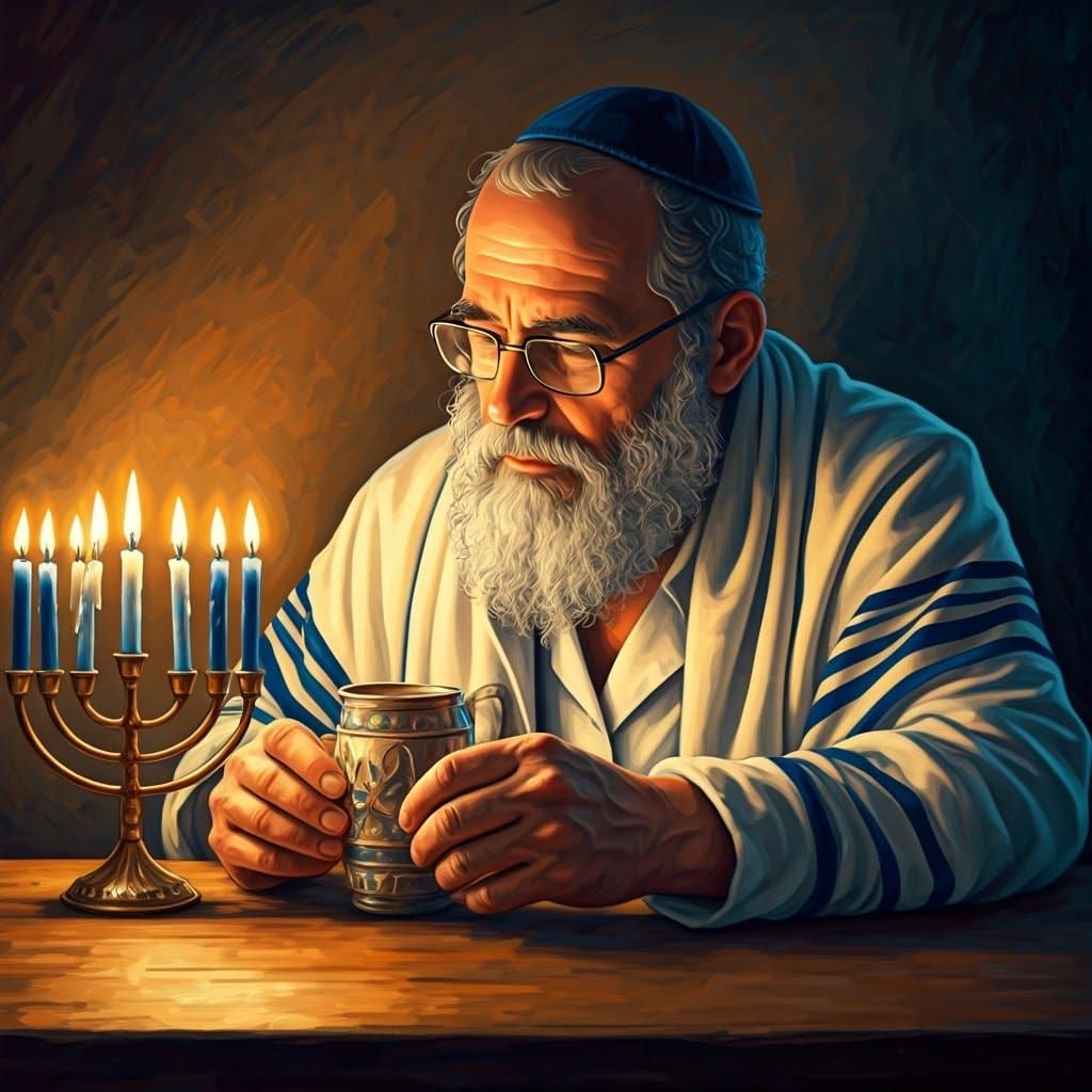 Jewish Man Lighting Hanukkah Candle in Vibrant Celebration