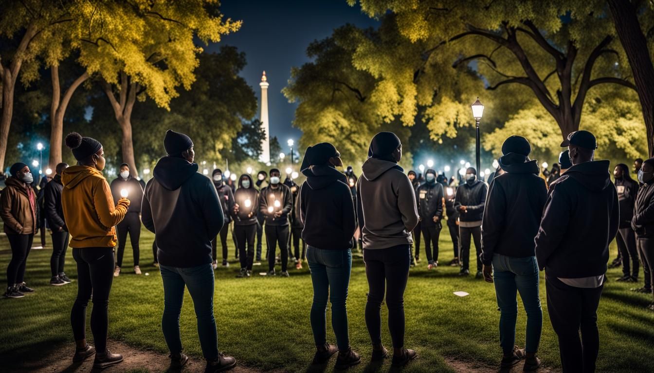 Under the dim glow of city lights, a group of protestors pea...