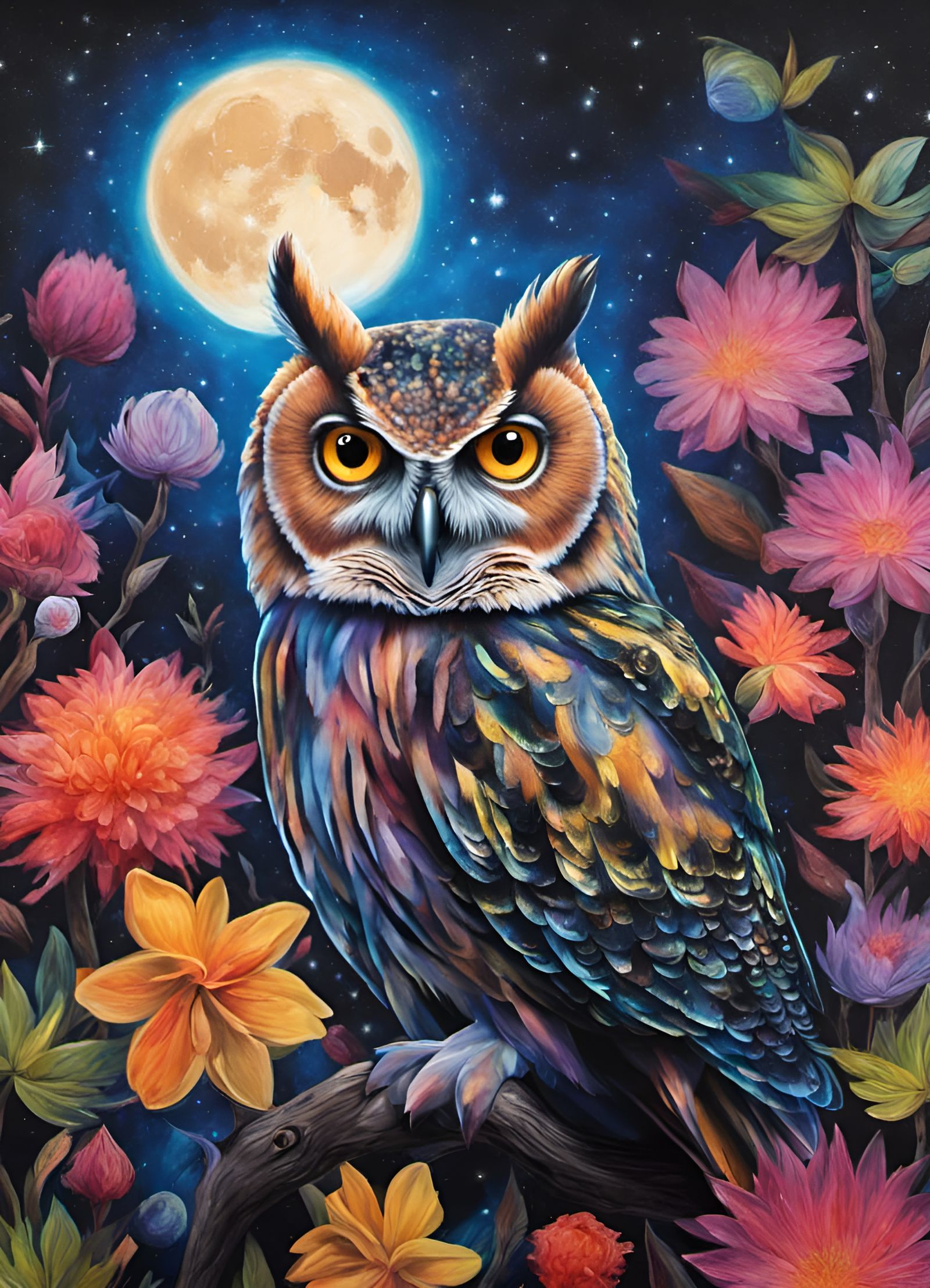 3D, bioluminescent , vibrantly colored and shimmery owl portrait. - AI ...