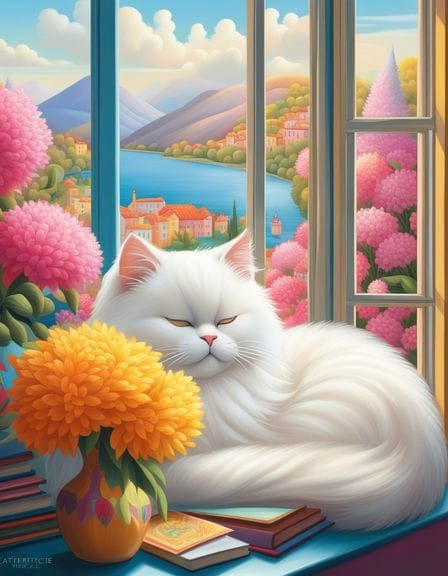 A Fluffy White Cat by the Window