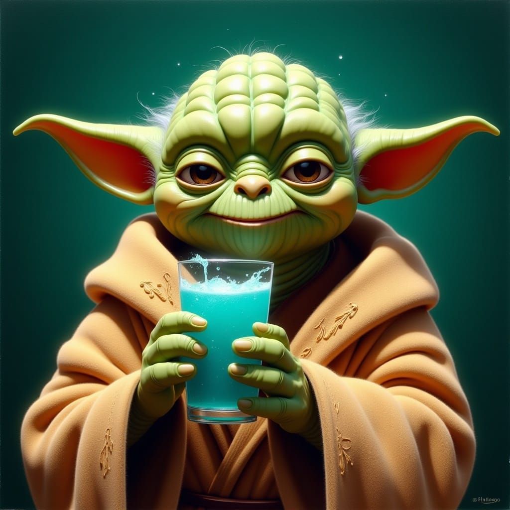 <lora:Kyootness:1.0> Closeup Oil painting of happy Yoda drinking Soda