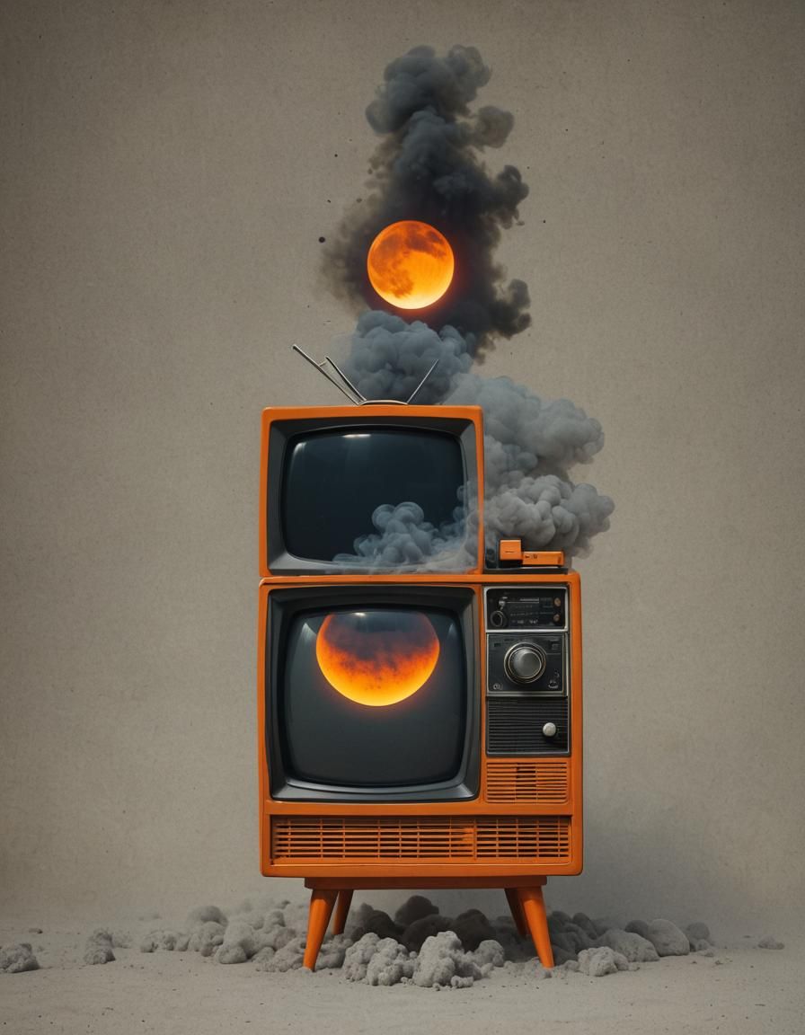 Vintage orange television with solar eclipse, smoke,  simple...