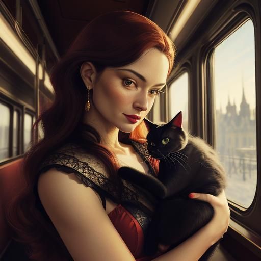 Pin-Up Lady with Black Cat in Train Cabin