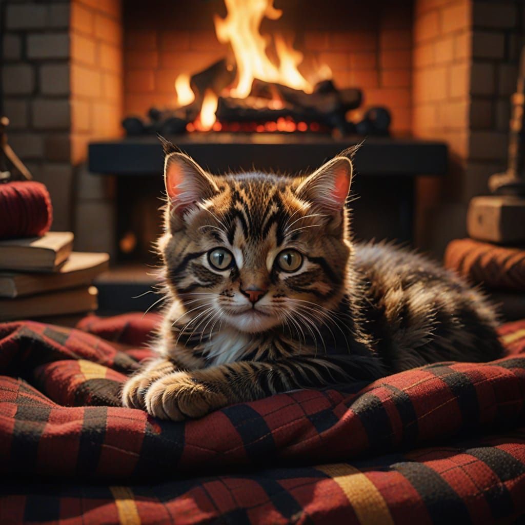 a tabby kitten sleeping tenderly in his dark red and black checkered bed; next to a fireplace. Soft light ...  by @Ross Tiger