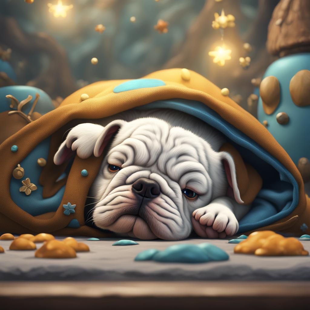 Cute Sleeping Bulldog Puppy: Detailed Fantasy Art