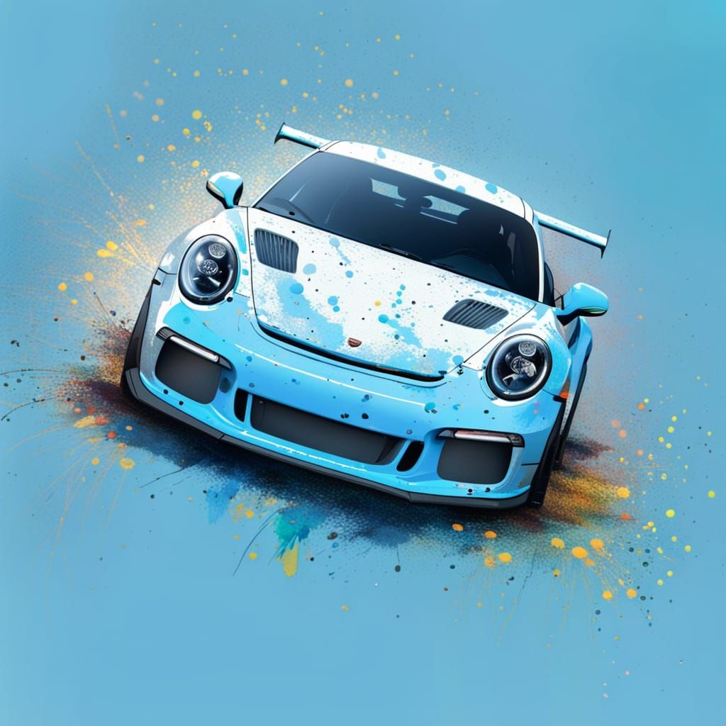 realism, paint, paint splatter, bokeh, drifting, baby blue, Porsche ...