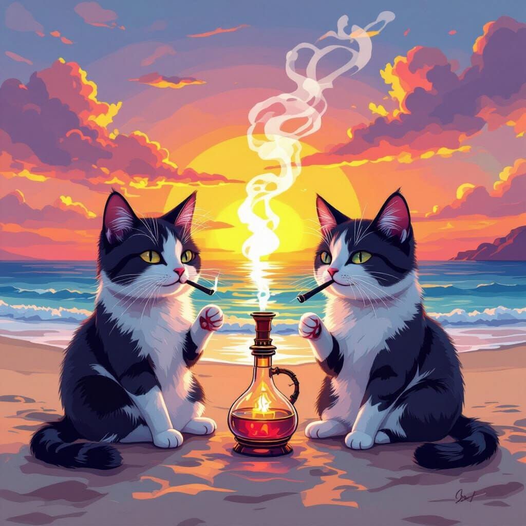 Cats Smoking Hookah at Sunset: Digital Illustration