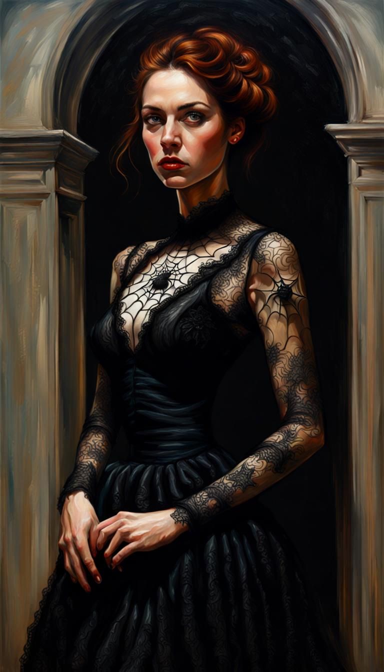 Sinister Black Lace Dress with Cobweb Embroidery