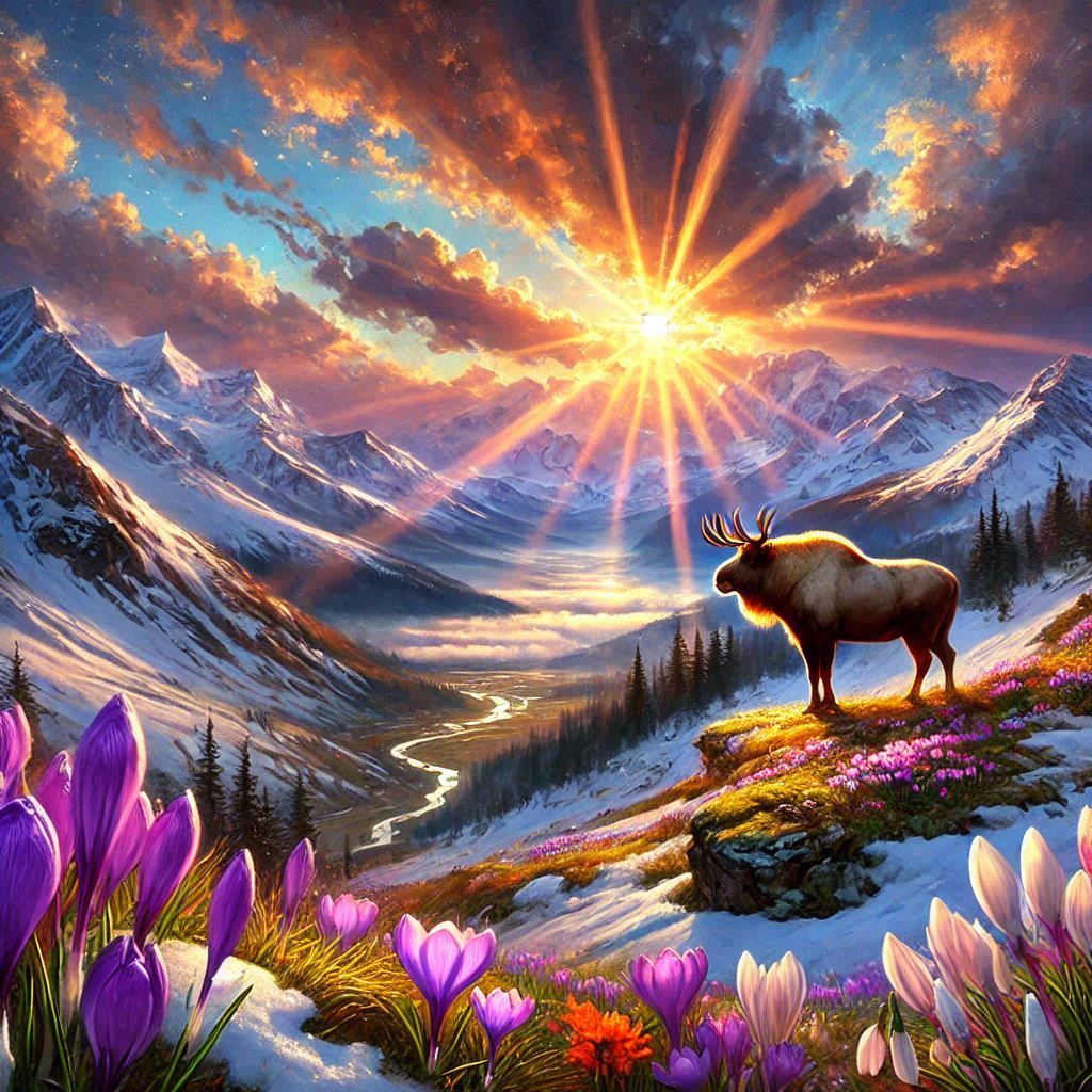 RAW Photography, Snow-capped mountains, flowers and moos, sunrise, sunrays, white clouds