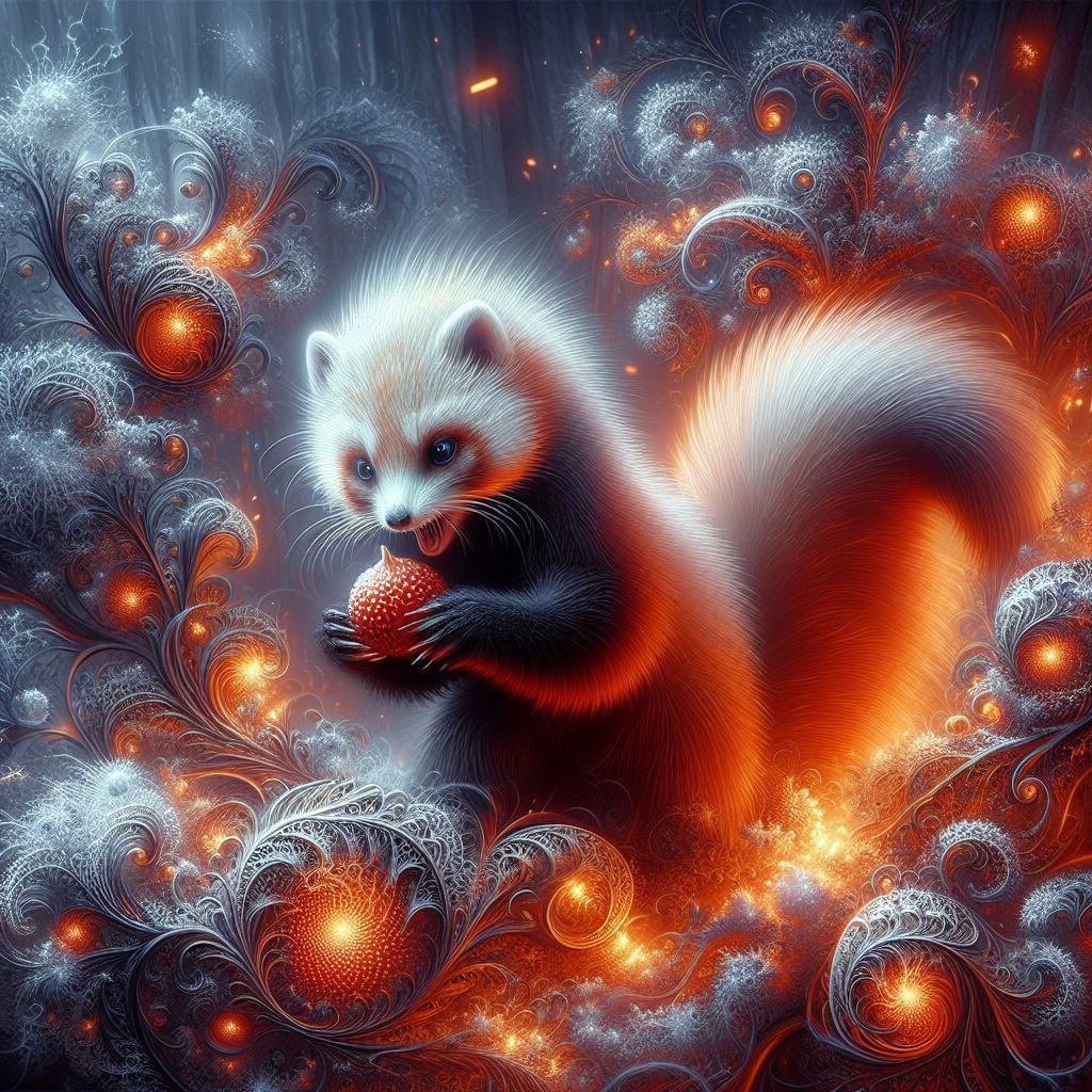 fiery ferret-fox in a frozen forest feasting on forbidden fi...