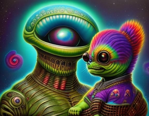 rococo-horrorcore colorful smiling confused-faced huge-eyed plump mammal with an alien face and fiery floral hair, grooves, by <mark ryden:...