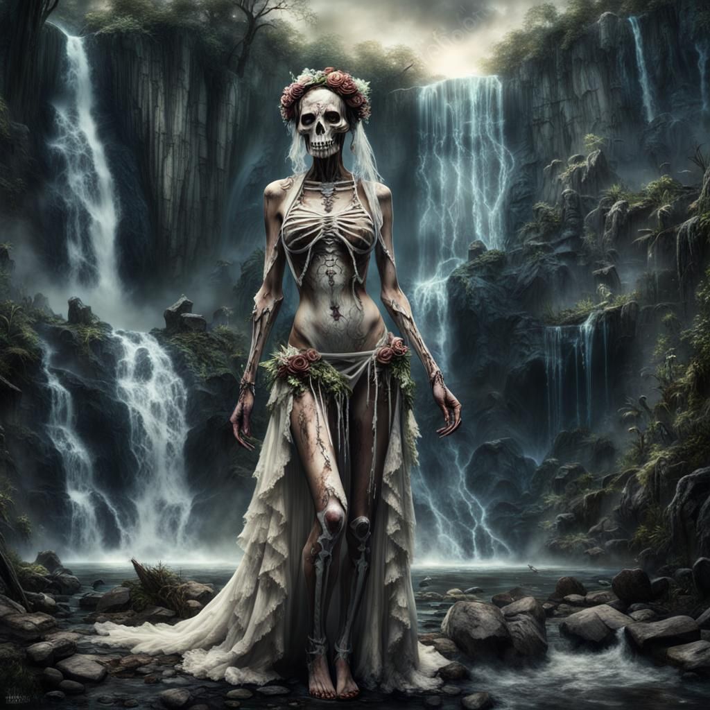 beautiful undead bride with bone showing, nature, waterfall ...