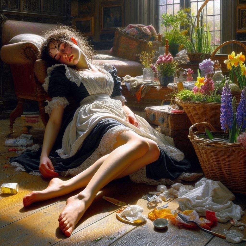 Portrait of a disheveled, dark-haired, fair-faced young English maid woman,