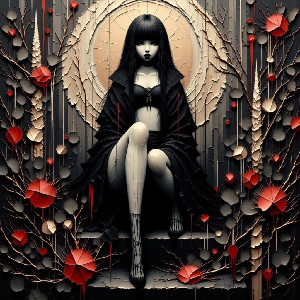 <lora:Moonchild:1.0> <lora:Muted Beauty:1.0> <lora:Goth Grunge Beauty:1.0> heavy extreme smudged oil impasto-style brushwork, An anime manga...