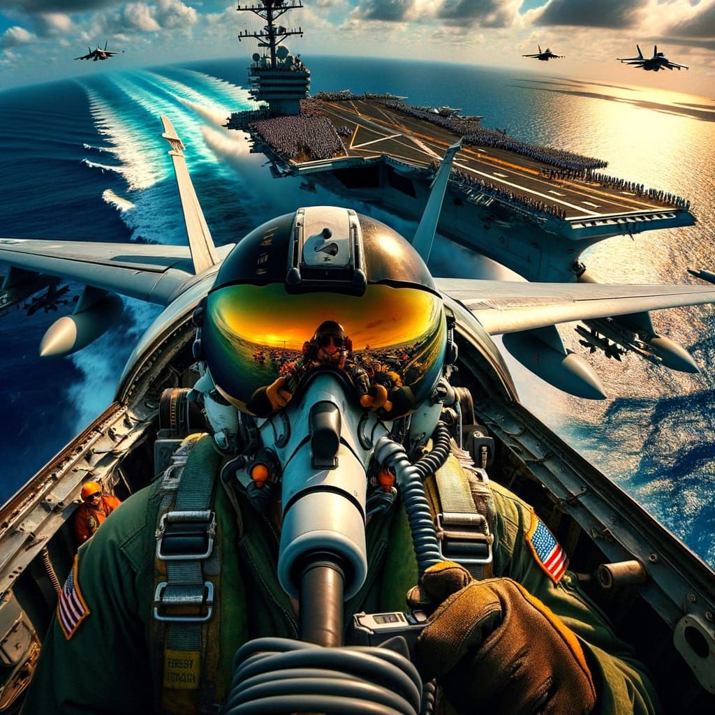 A lone F-16 fighter jet takes off from an aircraft carrier