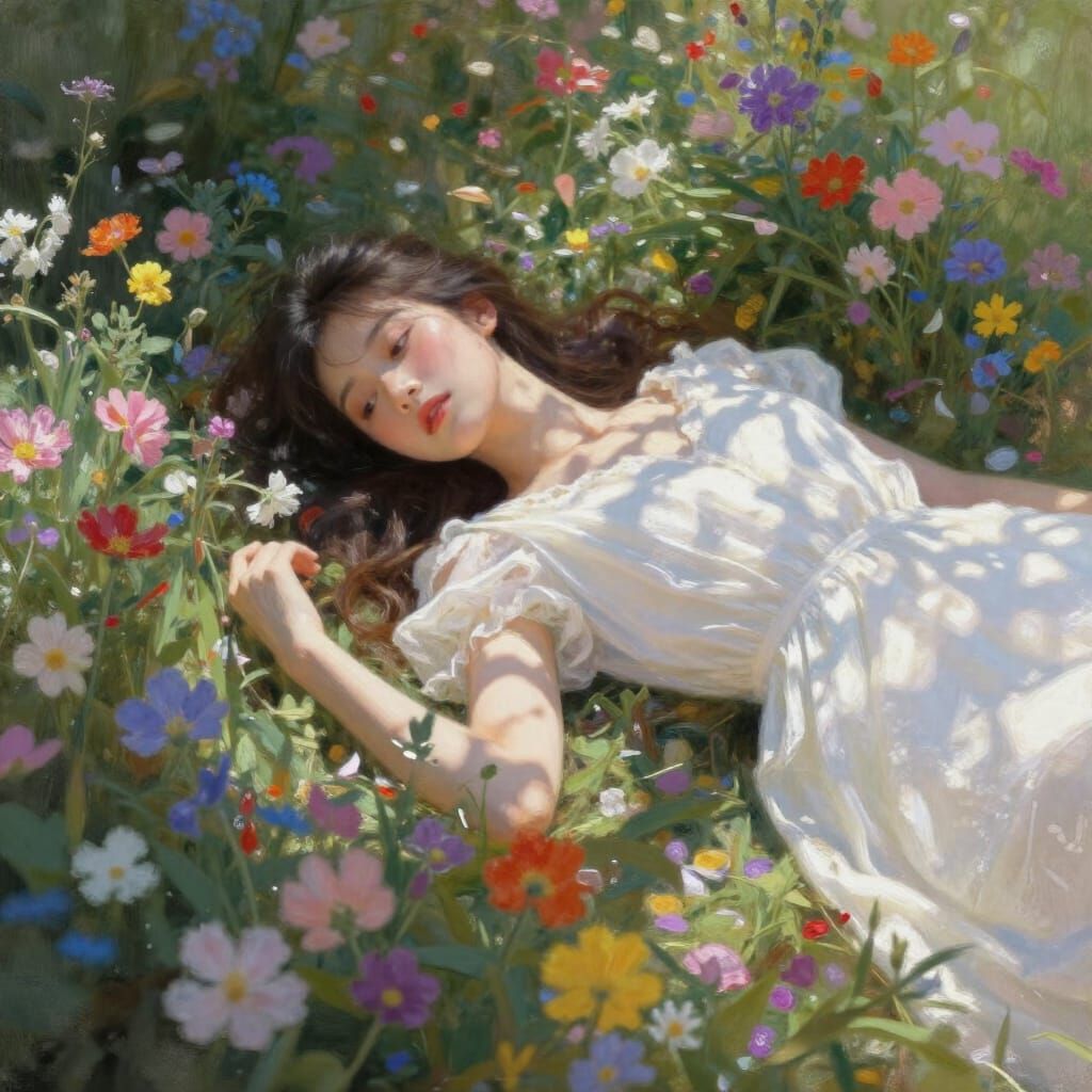 Woman Resting in Vibrant Blooming Flowers