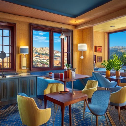 Hotel bar in Galera, Spain with 5 adults drinking coffee, su...