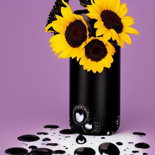 cracked Black vase with black purple and black sunflowers wi...