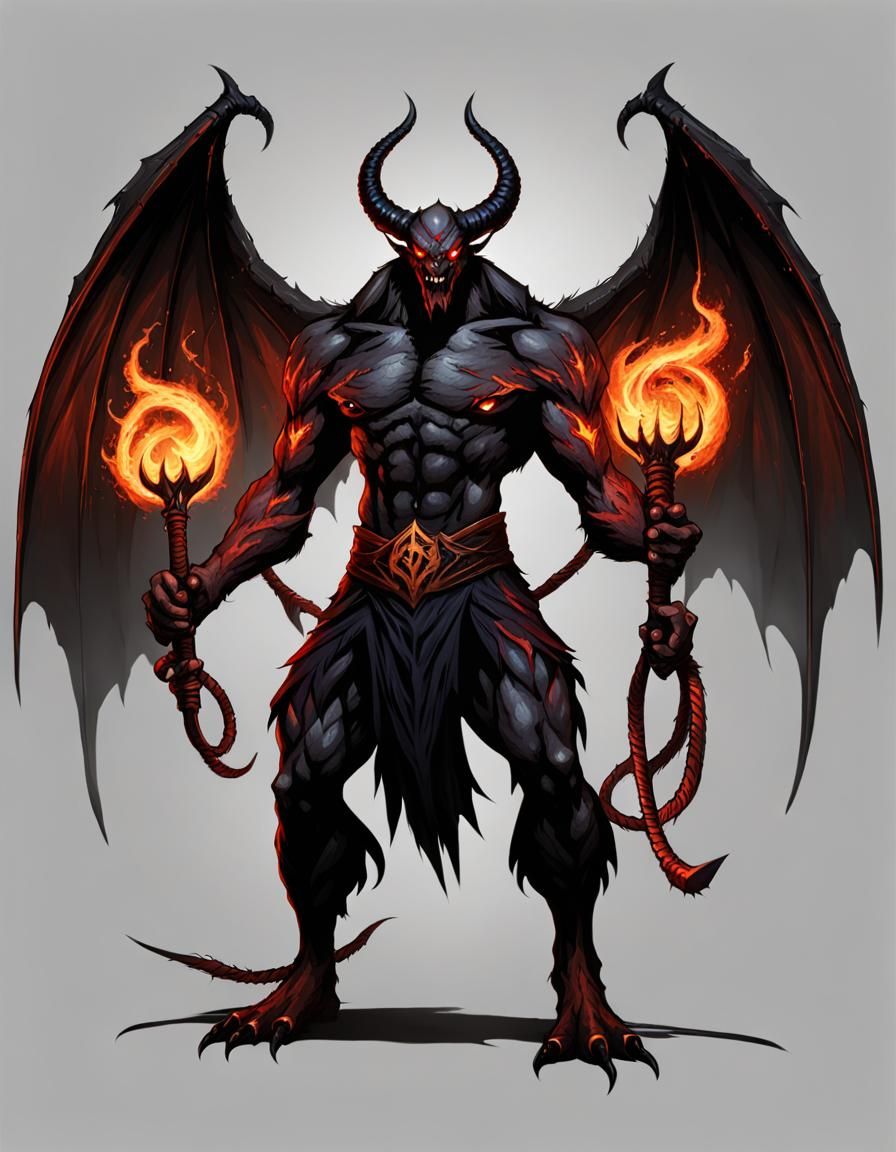 A full body shot of a feral balor balrog demon with bat wings and a ...