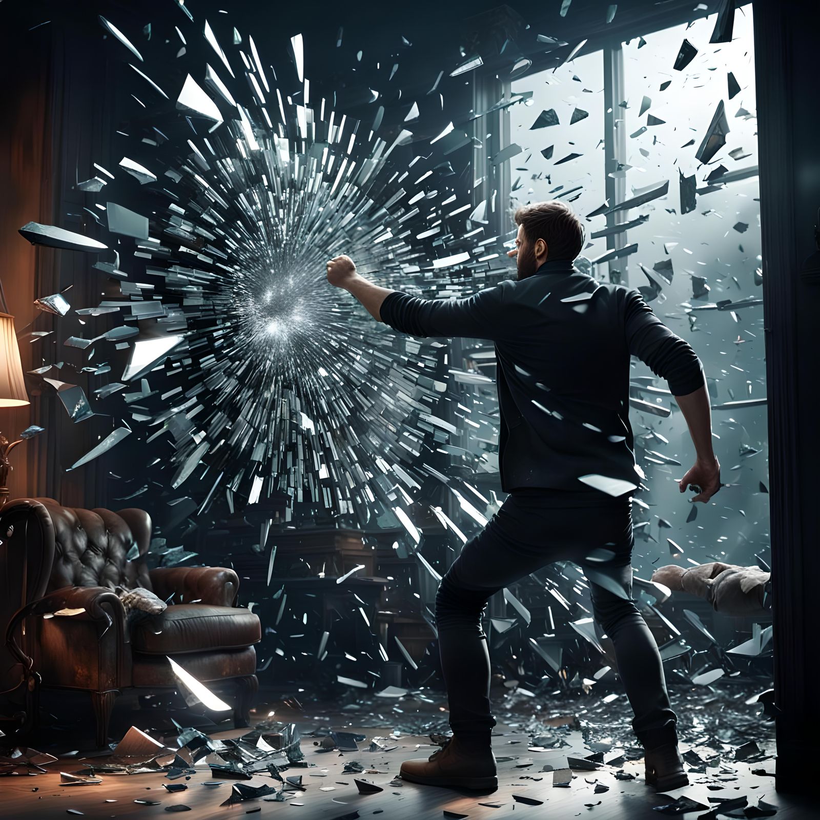 Angry man punching mirror and shattering the glass into shar...