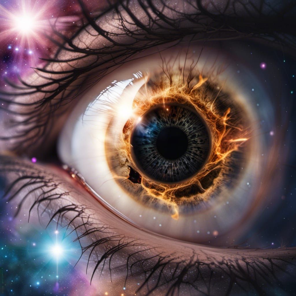 an eye with spiral galaxy iris inside, small black hole pupi...
