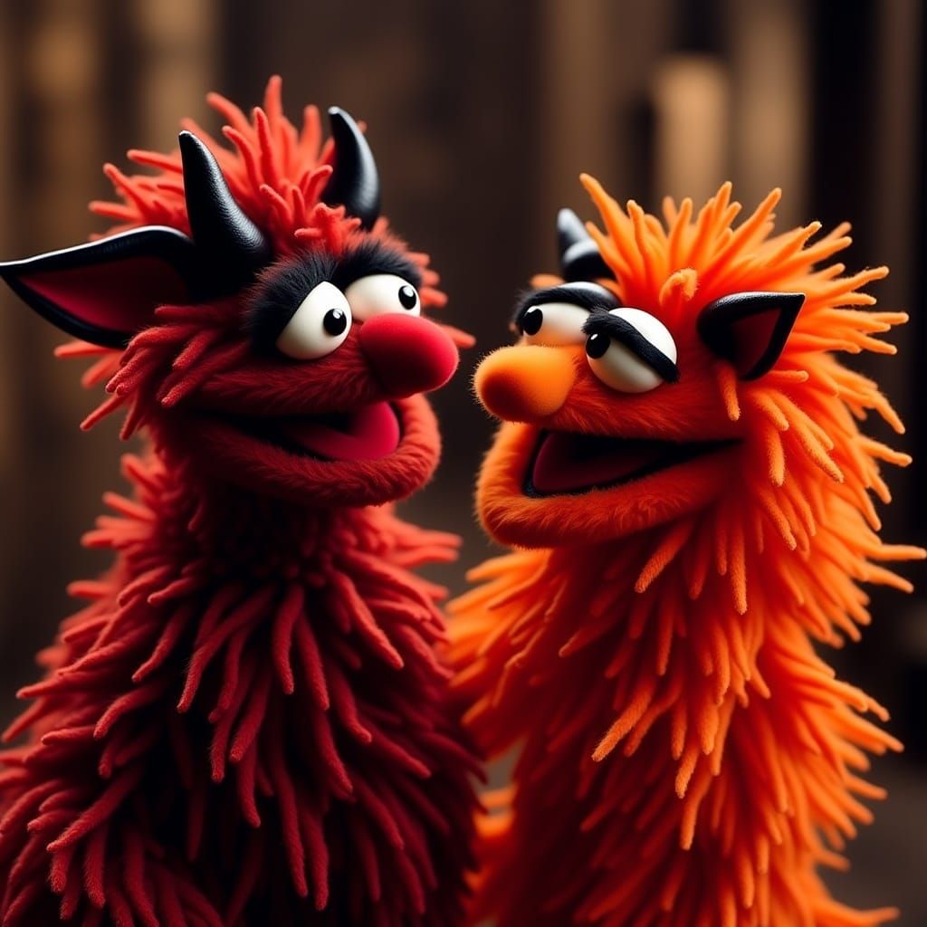 <lora:Puppet Maddness:1.0> Halloween in Muppet Hell, flames, devil, humor 