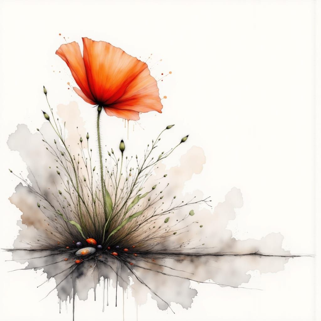 <lora:Watercolor Wash Fade:1.0> Align left minimalist Distant watercolor wash of a singular orange poppy growing out of the crack of a sidew...