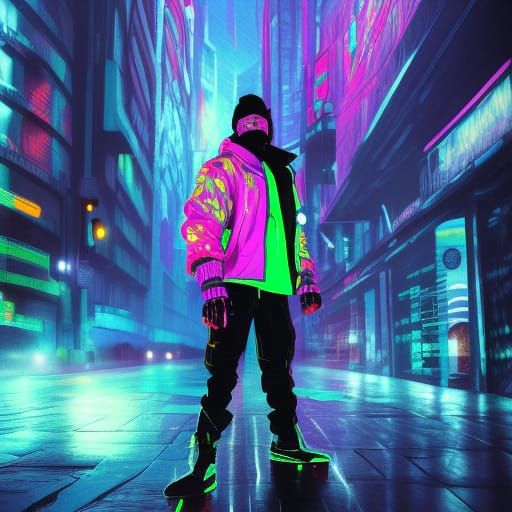 cyberpunk street thug with neon jacket in the rain - AI Generated ...