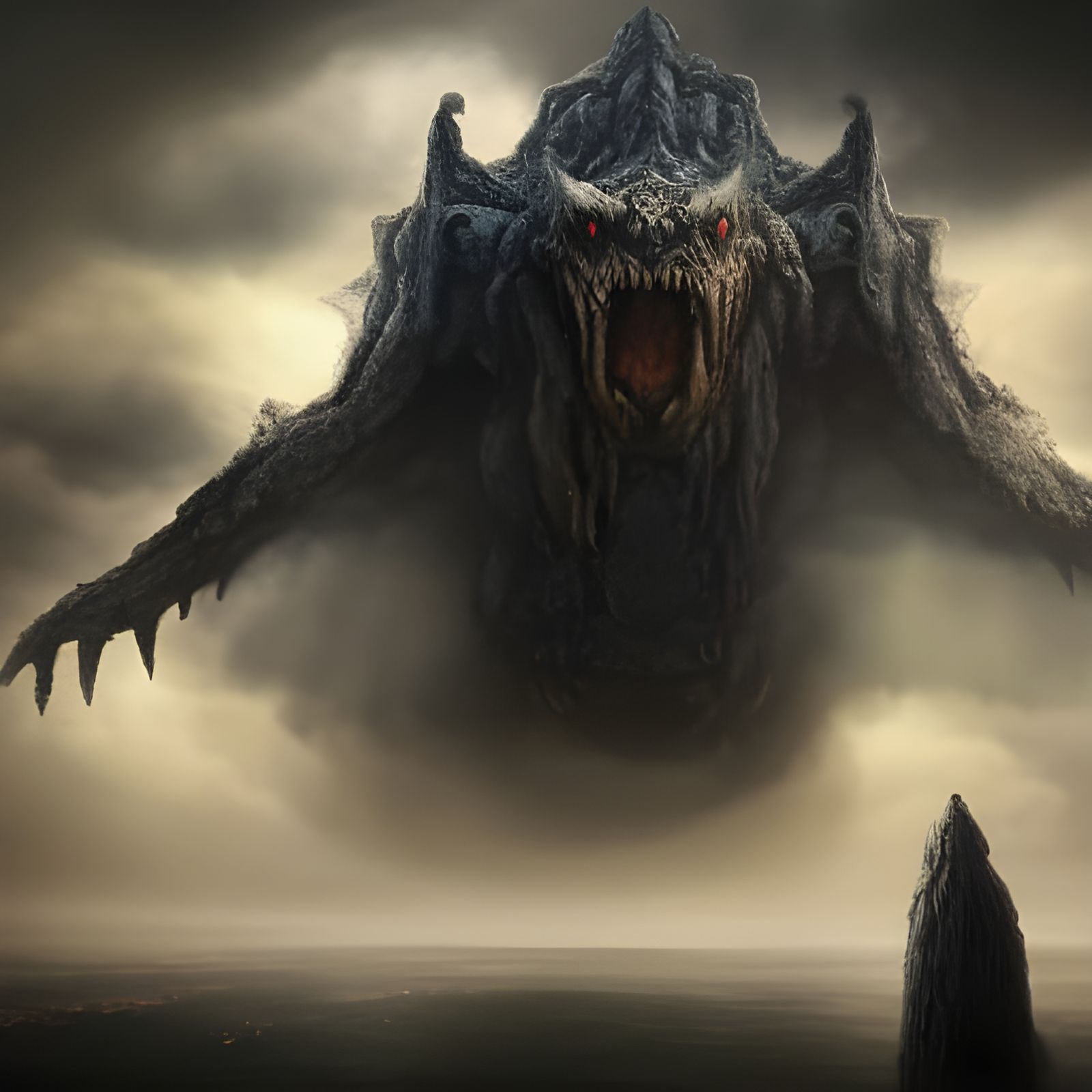 A monster made of clouds attacking a castle, monster emerges from the cloudy sky, he is huge , scary, terrifying, realis...