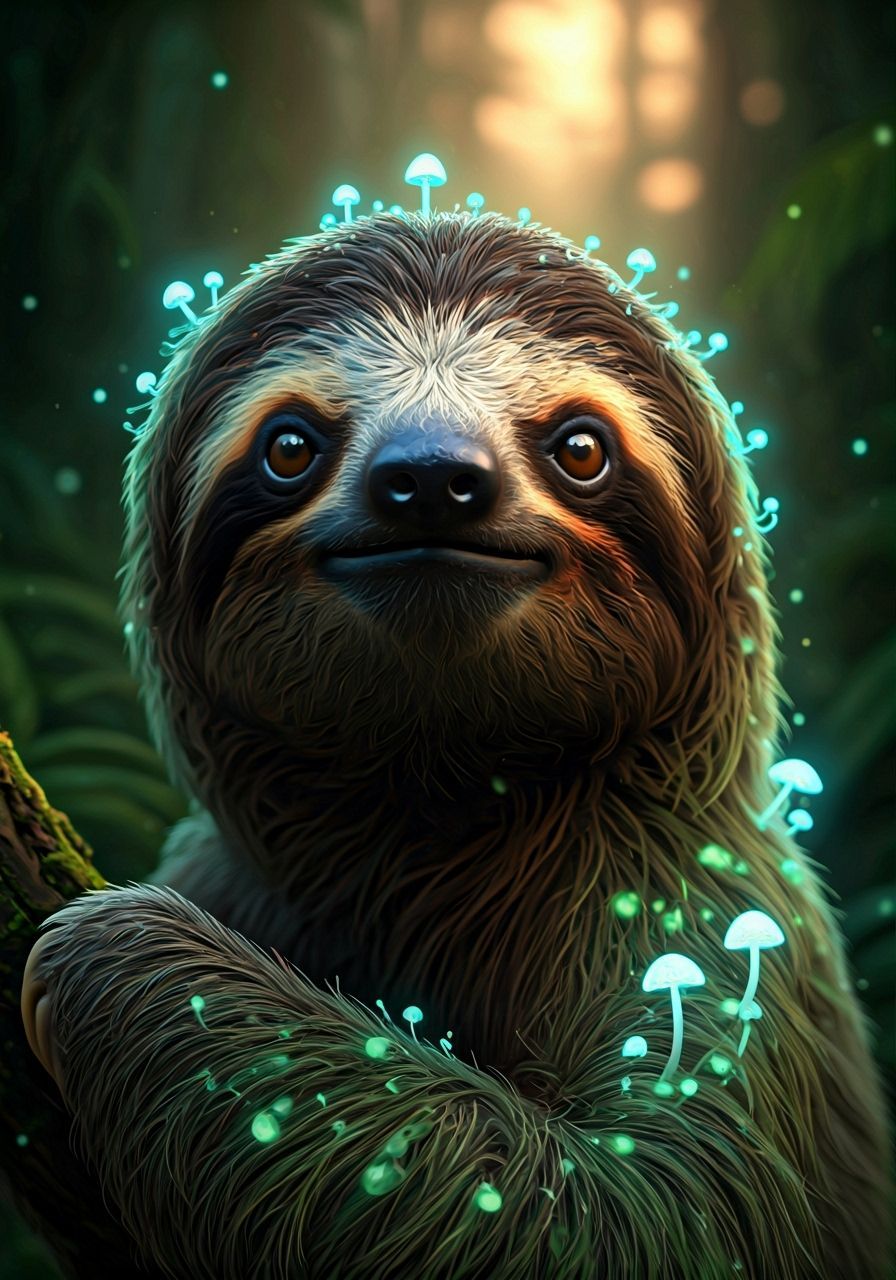 A photorealistic close-up of a three-toed sloth in a rainforest at dusk. Its fur is covered in delicate, ...  by @X-Digi