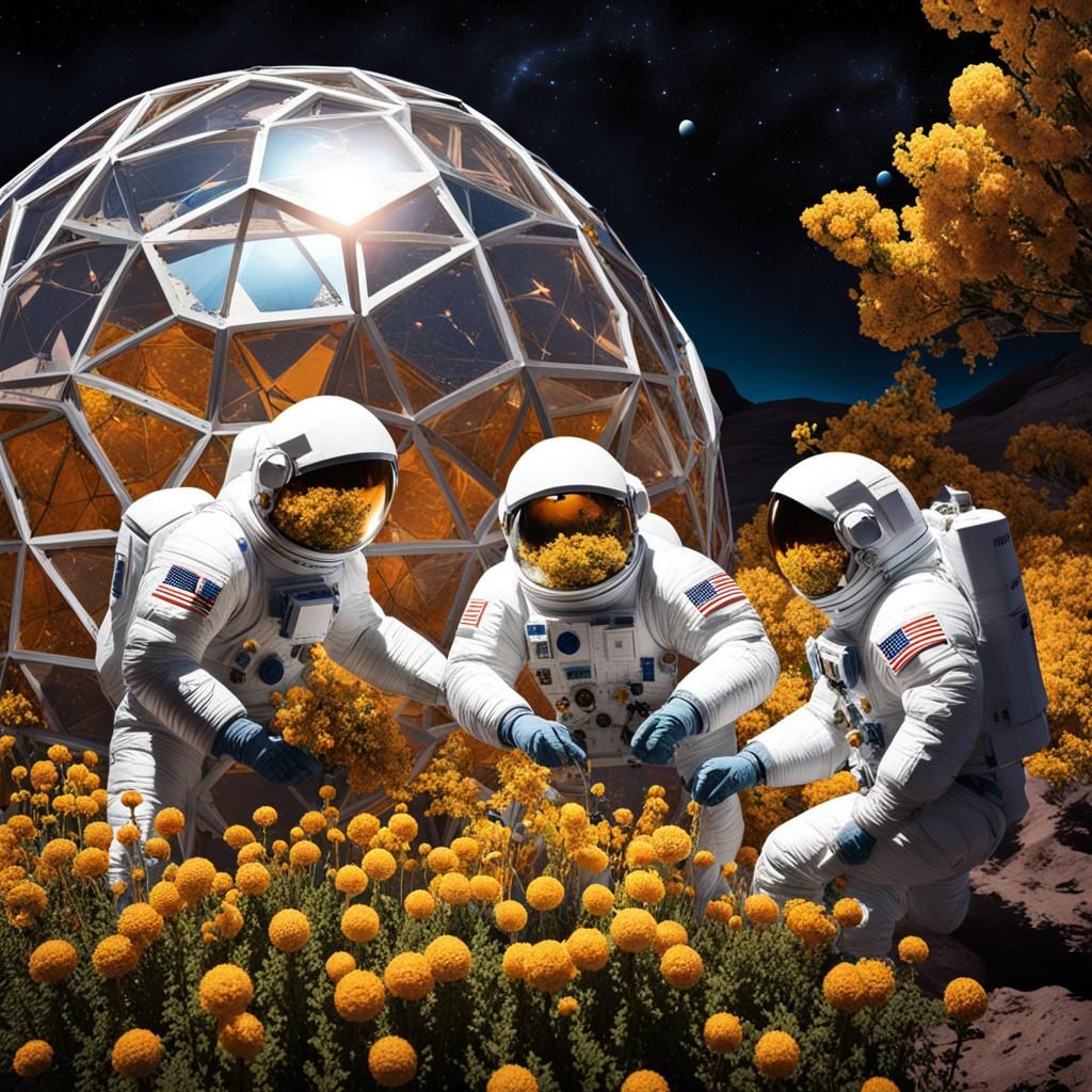Three men in spacesuits tending to the flowers in a geodesic...