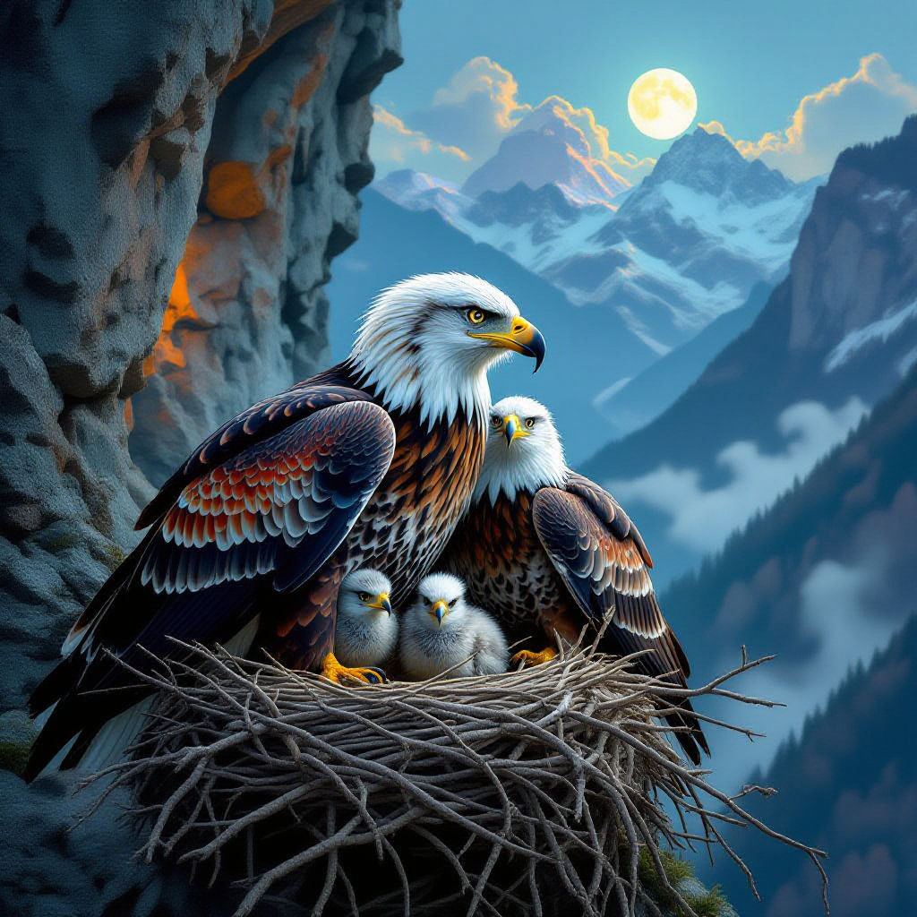 A eagle with her chicks in a nest
