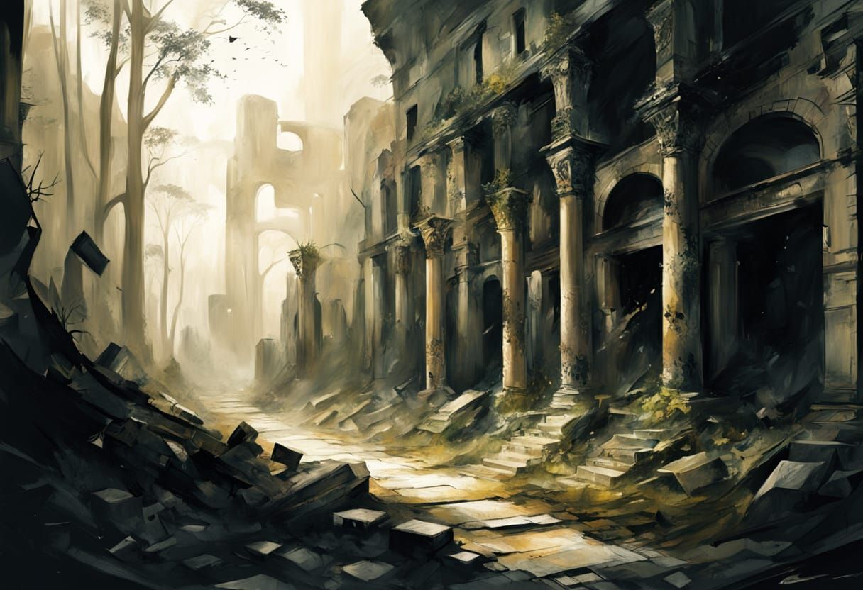 A stunning modern surrealist digital image depicting ancient ruins in a forest.