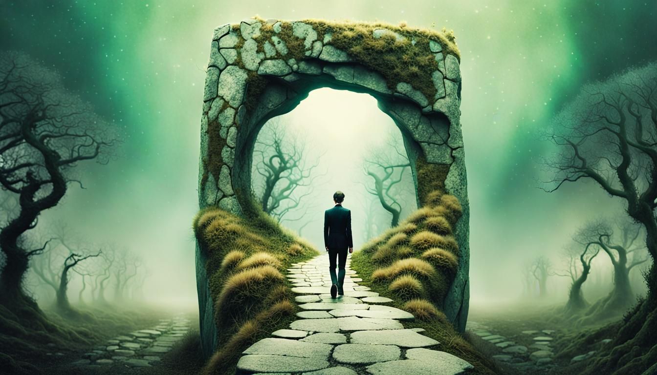 Surreal Dreamscape Portrait with Ancient Stargate Mask