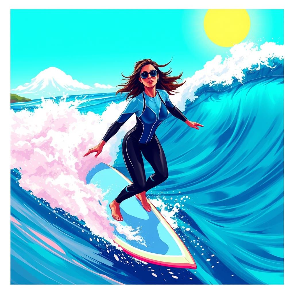 Surfer Rides Turquoise Waves in Vibrant Oceanic Landscape