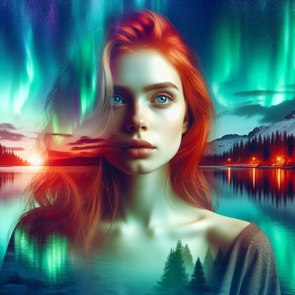 a young redhaired woman in front of a lake with northern lig...