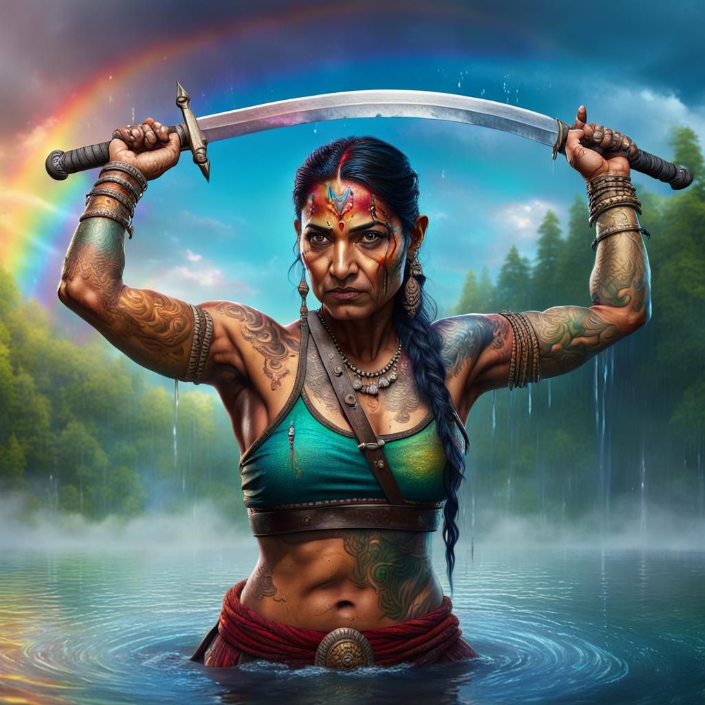 indian warrior with tatoos using a sword