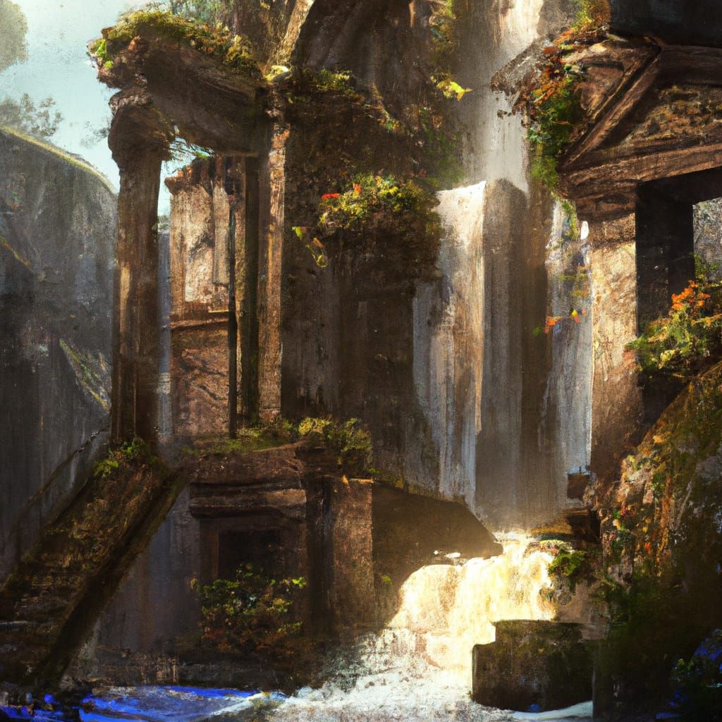 Ruined pantheon, waterfall, archways, sunlight, stairways, plants - AI ...