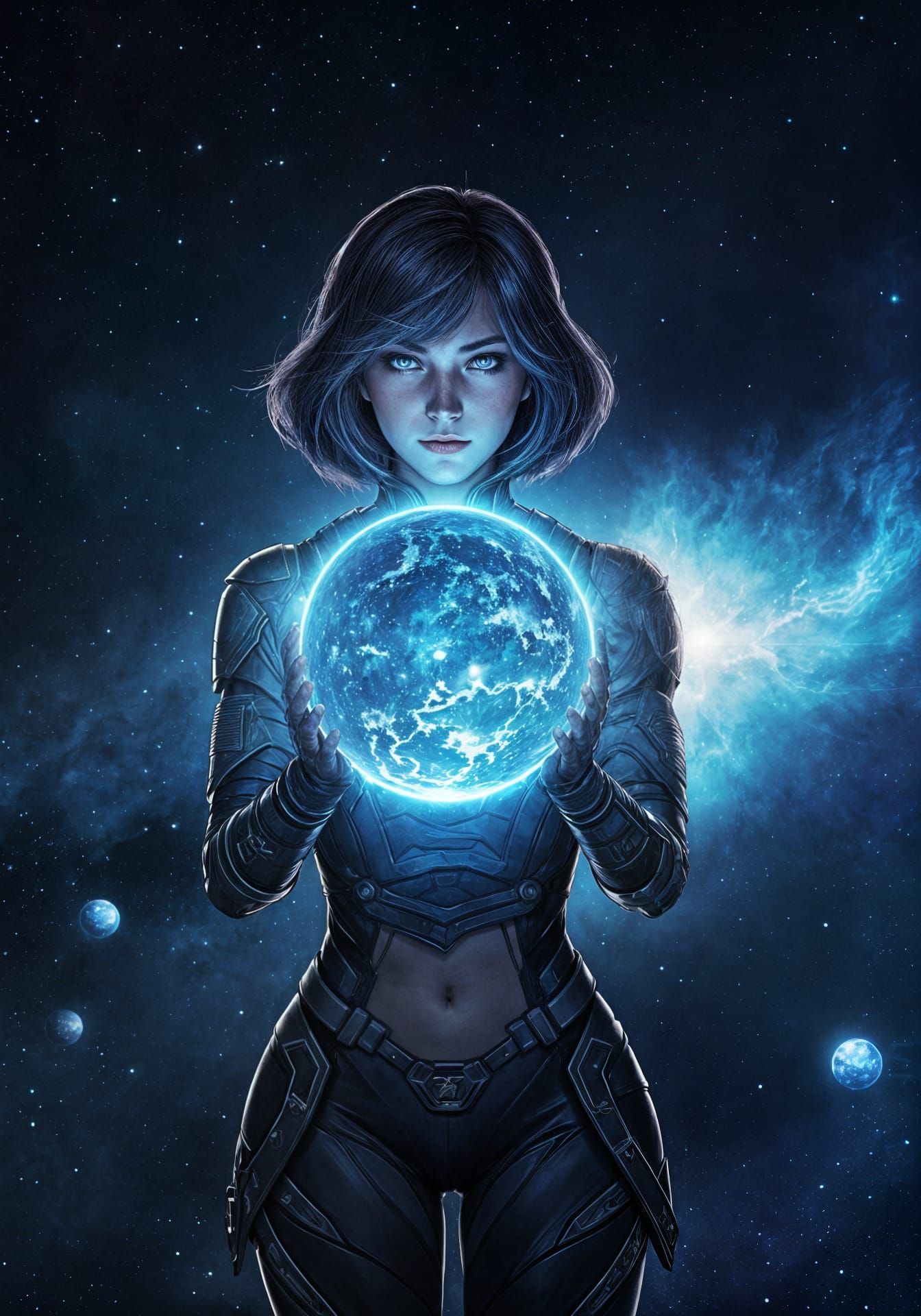 Woman Holding a Blue Planet in Keane Style