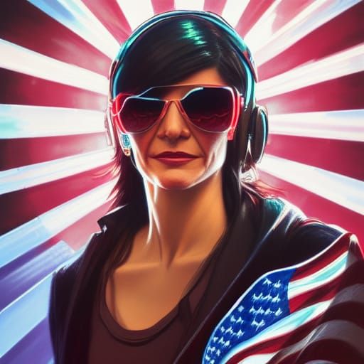 Dana Loesch wearing aviator sunglasses, glowing neon, USA fl...