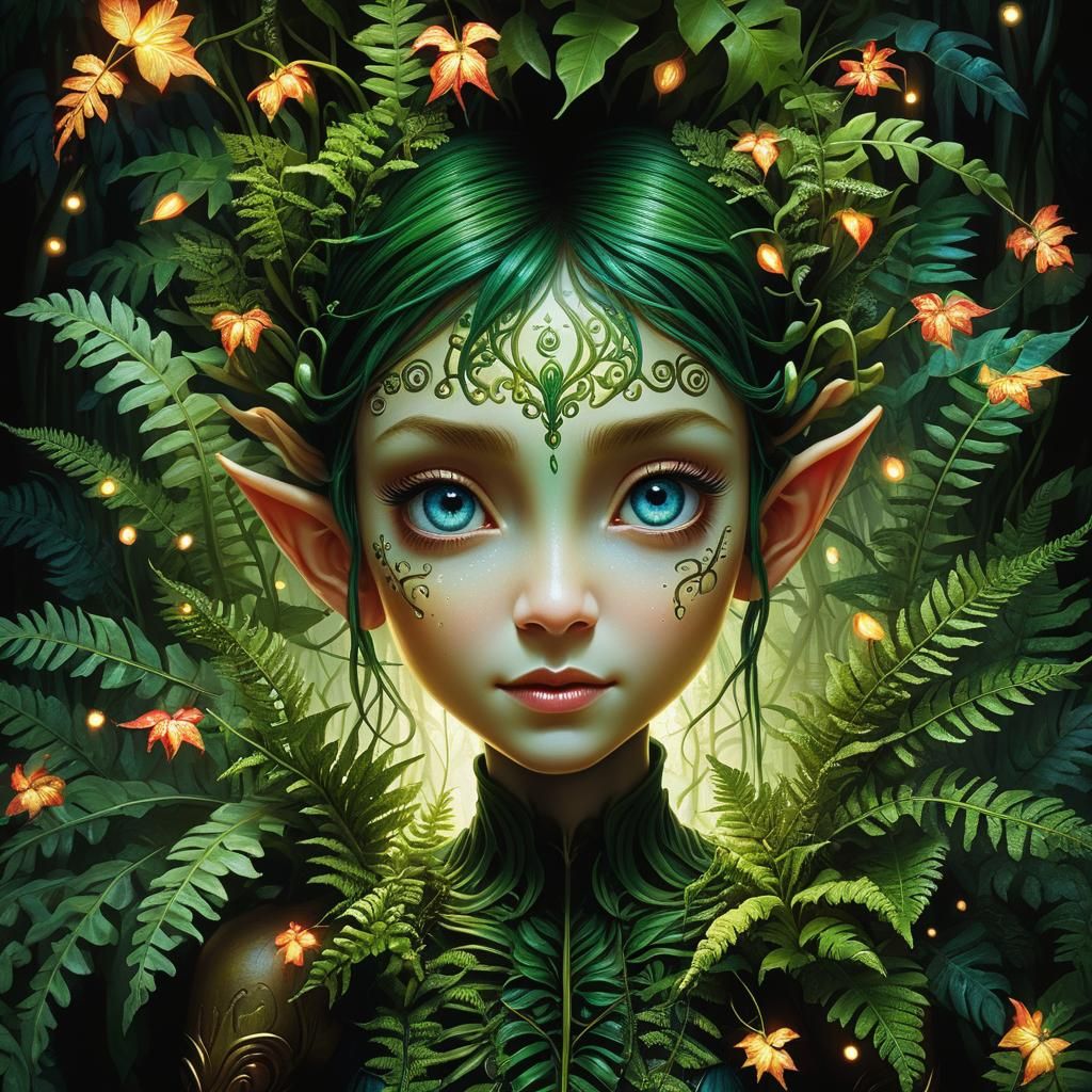Elemental Harmony + Mystical Flora Infusion, a beautiful elf merging with an ominous giant fern plant in a biomechanical...
