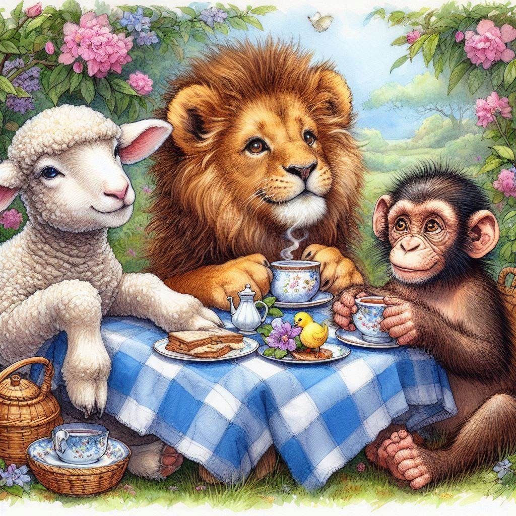 Lamb, Lion, and Monkey have tea, a series