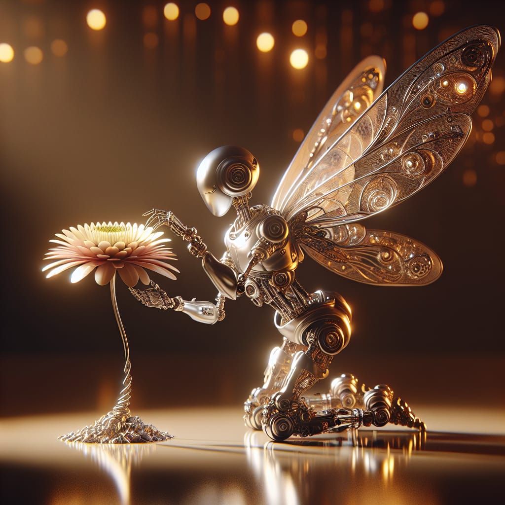 Futuristic Robot Fairy Extends Flower in Warm Light